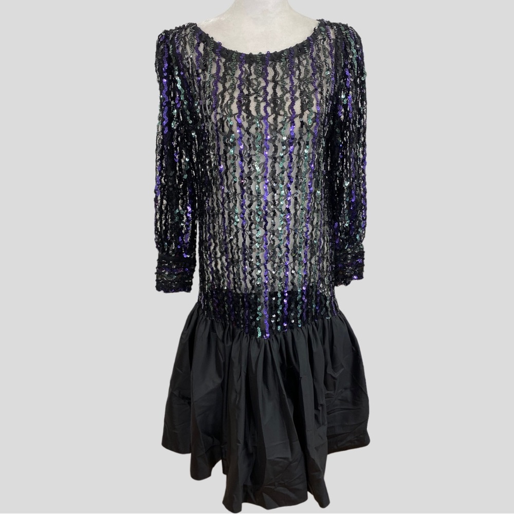Vintage 60s Edith Flagg Purple Green Black Sequin Mesh Drop Waist Dress